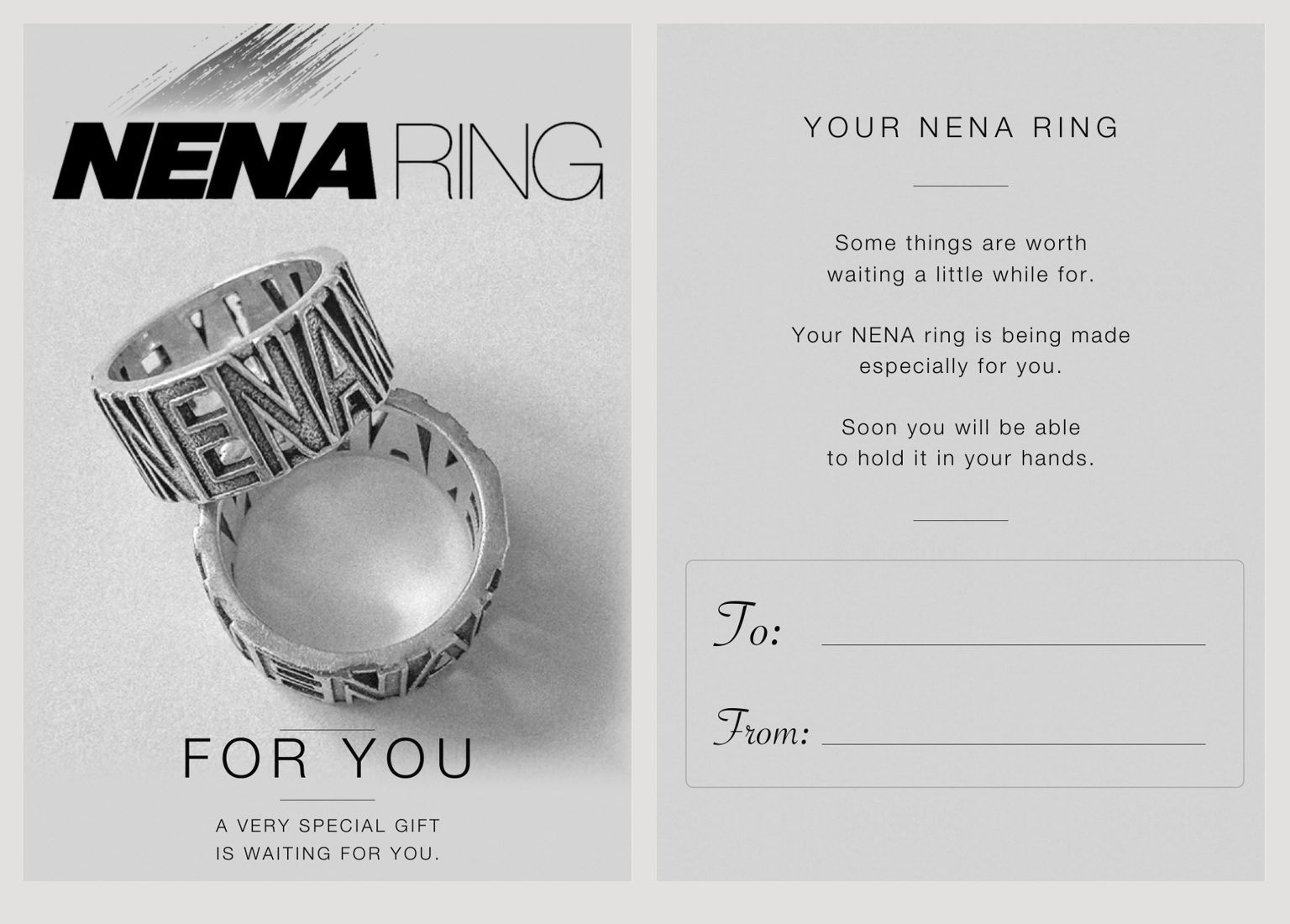 Front and back of the NENA ring gift card, featuring the rings and fields for the recipient’s and sender’s names