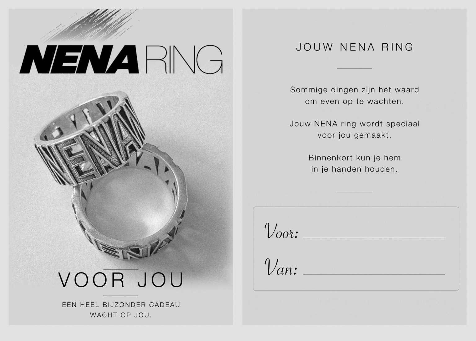Voor- en achterkant van de NENA ring cadeaukaart met een foto van de ringen en velden voor de namen van de ontvanger en de gever