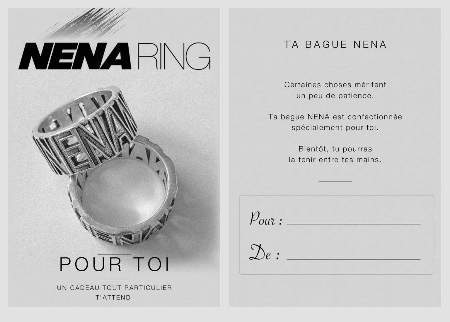 Recto et verso de la carte pour offrir la bague NENA, avec une photo des bagues et des espaces pour les prénoms du destinataire et de la personne qui offre